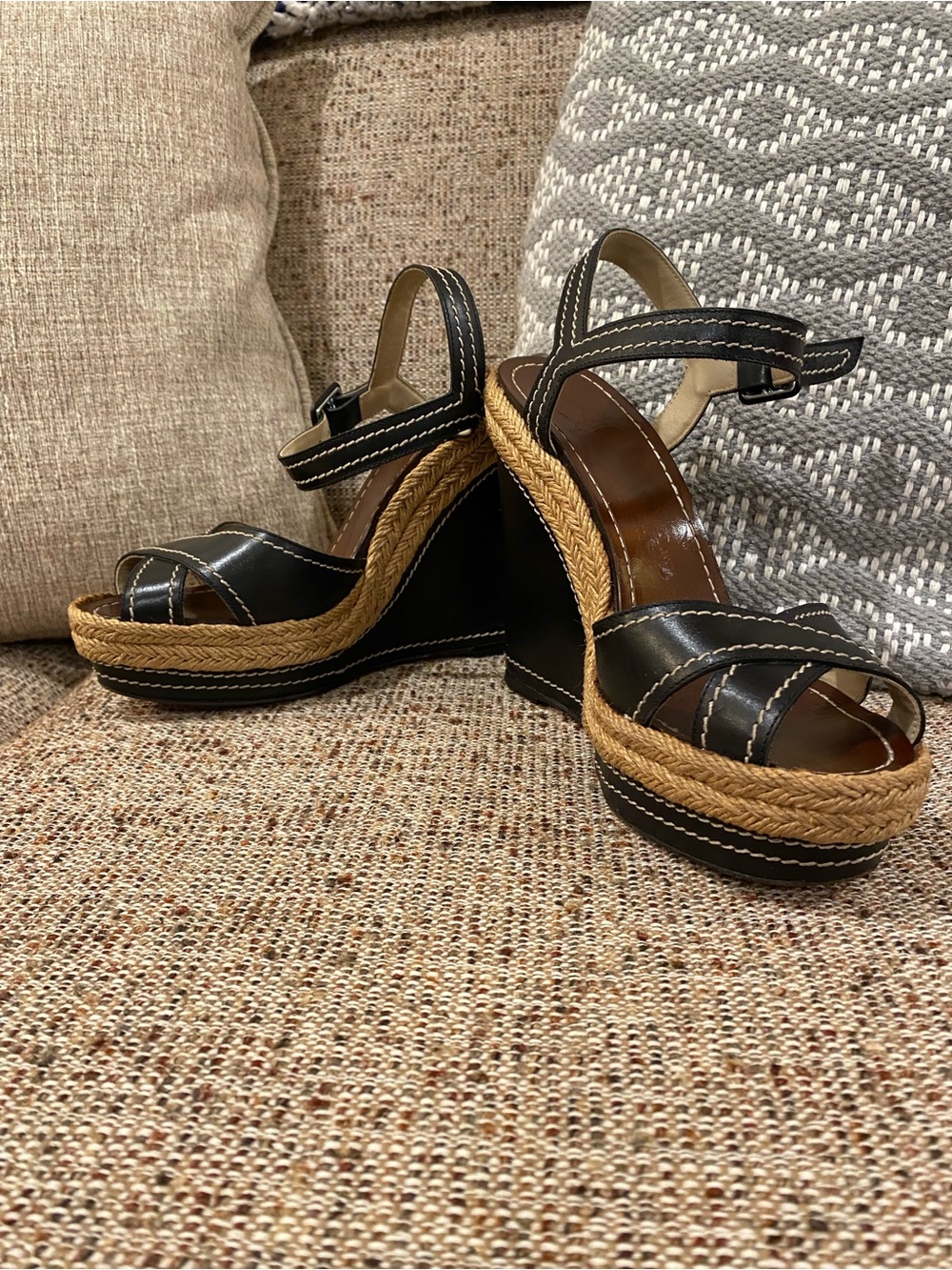 Christian Louboutin Black Leather Espadrille Platform Wedge Sandals